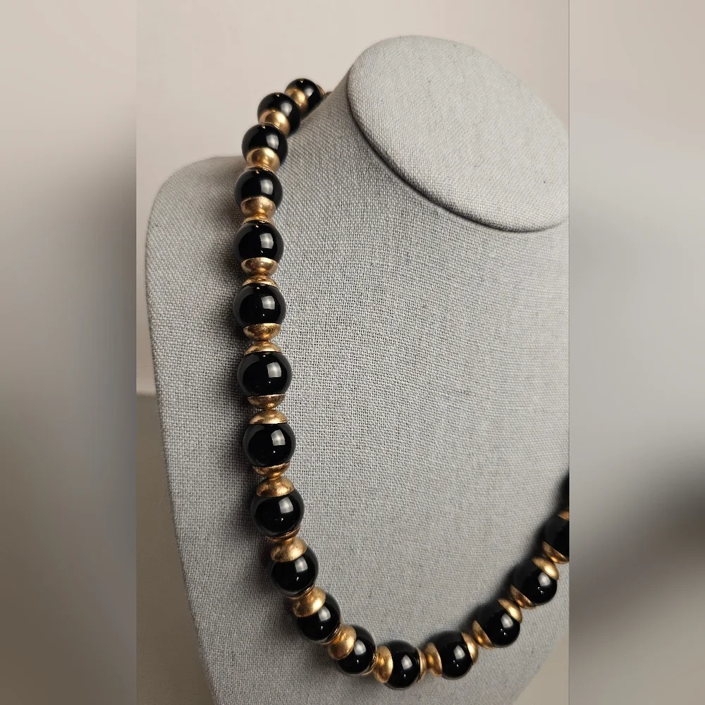 [J. CREW] Black & Gold ○● Beaded Statement Necklace with Cloth Tie